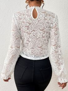 Chiquease Guipure Lace Insert Flounce Sleeve Mock Neck Blouse - White - View 2
