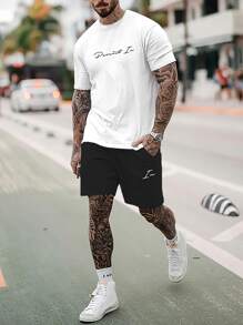 Manfinity Homme 男士字母圖案T恤和短褲 - 黑與白 - 查看 1