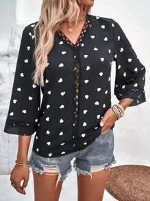 SHEIN VCAY 愛心圖案水溶蕾絲拼接襯衫 - 黑色 - 查看 3