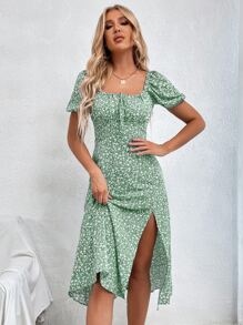 Chiquease Vestido largo con estampado floral diminuto, nudo delantero y abertura en el muslo para vacaciones y playa para mujeres - Verde - Ver 3