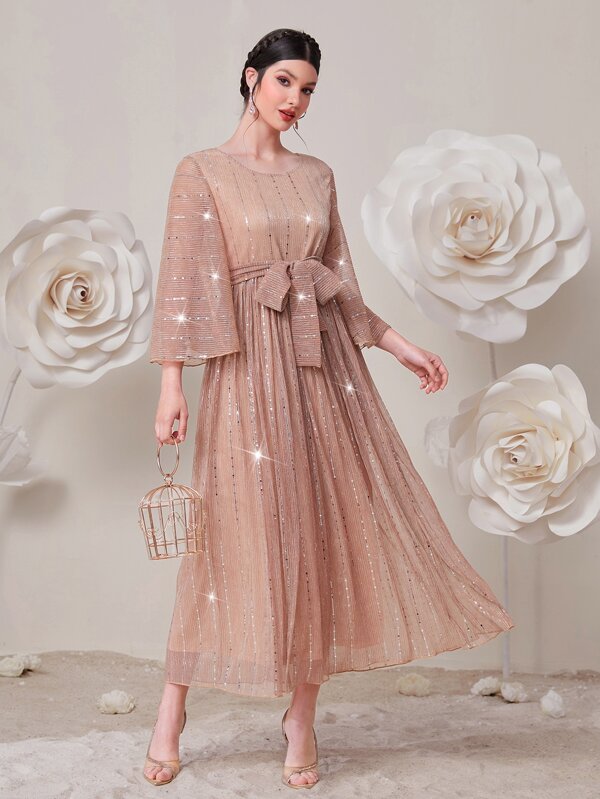 Modelyn Flounce Sleeve Belted Sequin Dress Maxi Women Outfit Long Evening Dresses