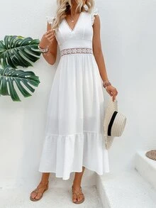 Breezaya Guipure Lace Insert Ruffle Hem Dress - White - View 5