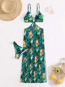 Bộ bikini liên kết vòng in nhiệt đới đi biển mùa hè - Nhiều màu - Xem 3