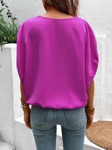 SHEIN VCAY Solid Batwing Sleeve Wrap Detail Blouse - Purple - View 2