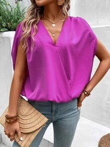 SHEIN VCAY Solid Batwing Sleeve Wrap Detail Blouse - Purple - View 5