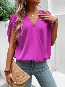 SHEIN VCAY Solid Batwing Sleeve Wrap Detail Blouse - Purple - View 6