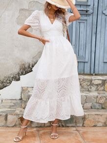 SHEIN VCAY Eyelet Embroidery Puff Sleeve Ruffle Hem Dress - White - View 2