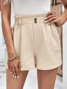 SHEIN Frenchy 紙袋腰紐扣細節短褲 - 卡其色 - 查看 4