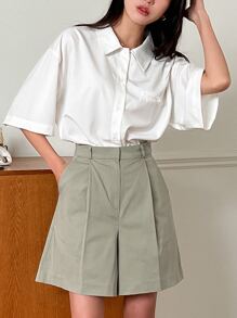 DAZY Solid Button Front Drop Shoulder Shirt - White - View 1