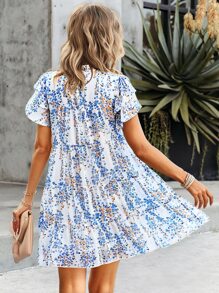 Breezaya Ditsy Floral Print Mock Neck Butterfly Sleeve Ruffle Hem Smock Dress - White - View 2