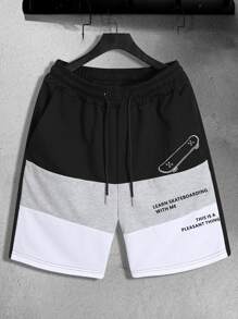 Manfinity Men Slogan Graphic Colour Block Drawstring Waist Shorts - Multicolor - View 1