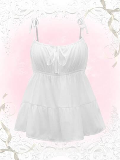 Kawaii Plus Size Spaghetti Strap Tie Back Simple Pleated Cami With Ruffle Hem, Backless Design , Babydoll Top, School