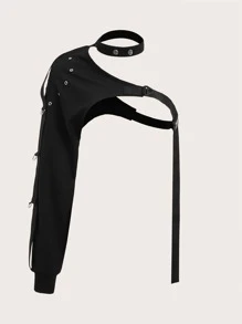 ROMWE Grunge Punk 1pc Solid One Shoulder Tape Decor Super Crop Top - Black - View 3