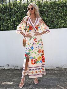 Breezaya Floral Print Cold Shoulder Dress - Beige - View 5