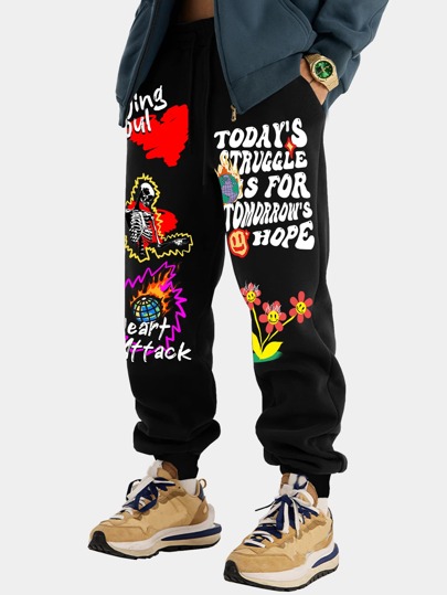 Street Life Men Slogan & Skeleton Graphic Drawstring Waist Sweatpants
