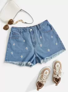 SHEIN EZwear 大碼花卉刺繡毛邊牛仔短褲 - 中等水洗藍 - 查看 1