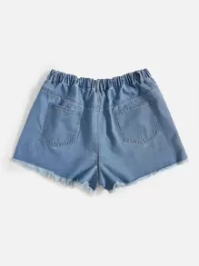 SHEIN EZwear 大碼花卉刺繡毛邊牛仔短褲 - 中等水洗藍 - 查看 2