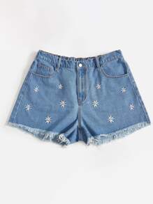 SHEIN EZwear 大碼花卉刺繡毛邊牛仔短褲 - 中等水洗藍 - 查看 3