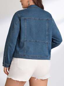 SHEIN Essnce Plus Flap Pocket Denim Jacket - Dark Wash - View 2
