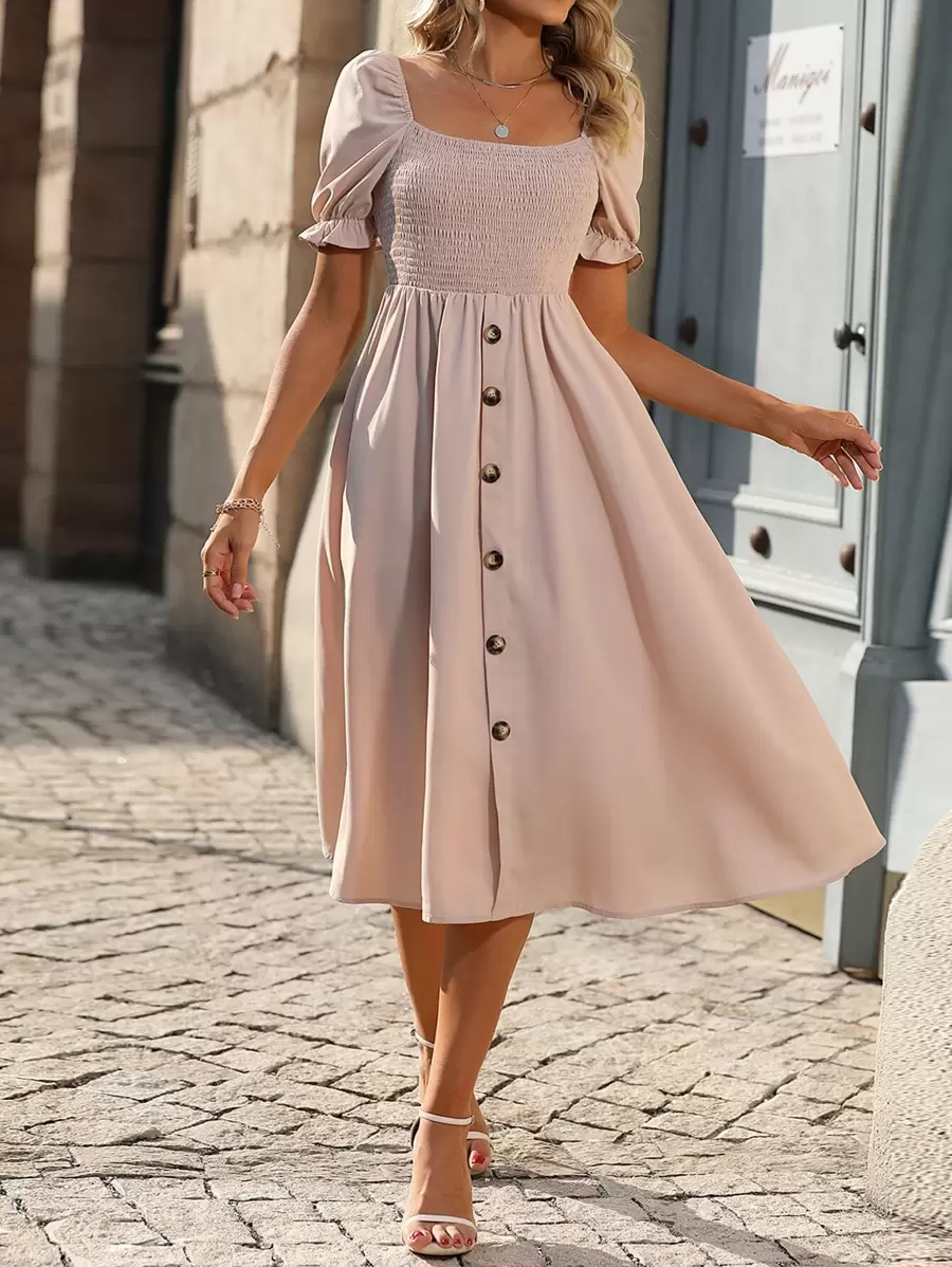 SHEIN LUNE Square Neck Puff Sleeve Button Detail Dress Maxi Women Outfit - Apricot - View 1