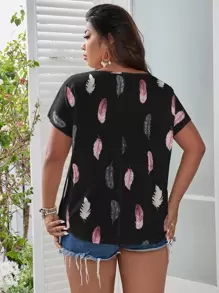 SHEIN LUNE Große Größen Bluse mit Feder Muster und Schlüsselloch-Ausschnitt, Dolman Ärmel für den Sommer
