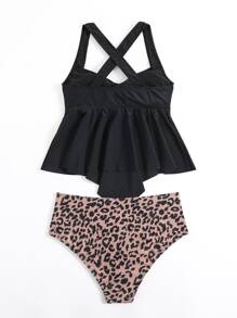 Tankini de playa de verano con estampado de leopardo y bajo con volantes - Negro - Ver 7