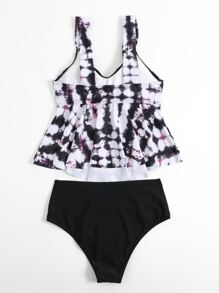 Swim Lushoire Tankini de verano con bajo fruncido y volantes en tie-dye - Multicolor - Ver 3