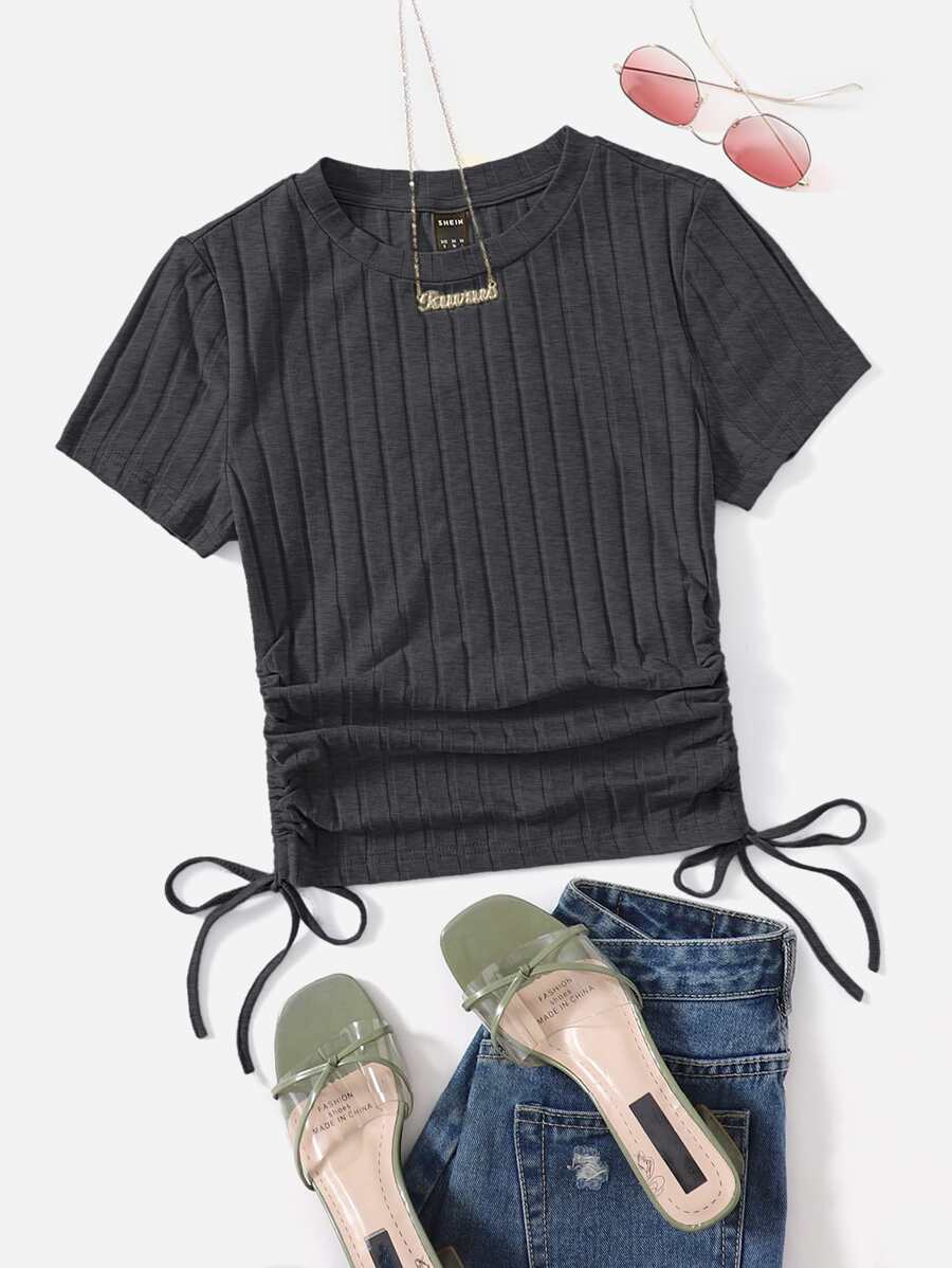 SHEIN Qutie Drawstring Side Rib-knit Solid Tee - Dark Grey - View 1