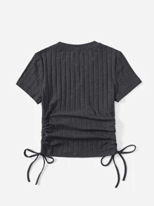 SHEIN Qutie Drawstring Side Rib-knit Solid Tee - Dark Grey - View 2