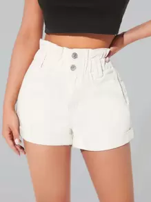 SHEIN PETITE Quần short denim nữ Nút Túi Quần paper-bag màu trơn - trắng - Xem 1