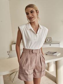 High Waist Fold Pleated Roll Hem Shorts - Khaki - View 1