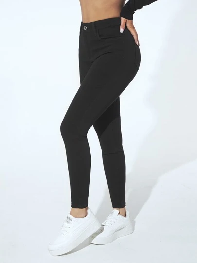 SHEIN PETITE Women Solid Color Zipper Fly Skinny Cropped Pants