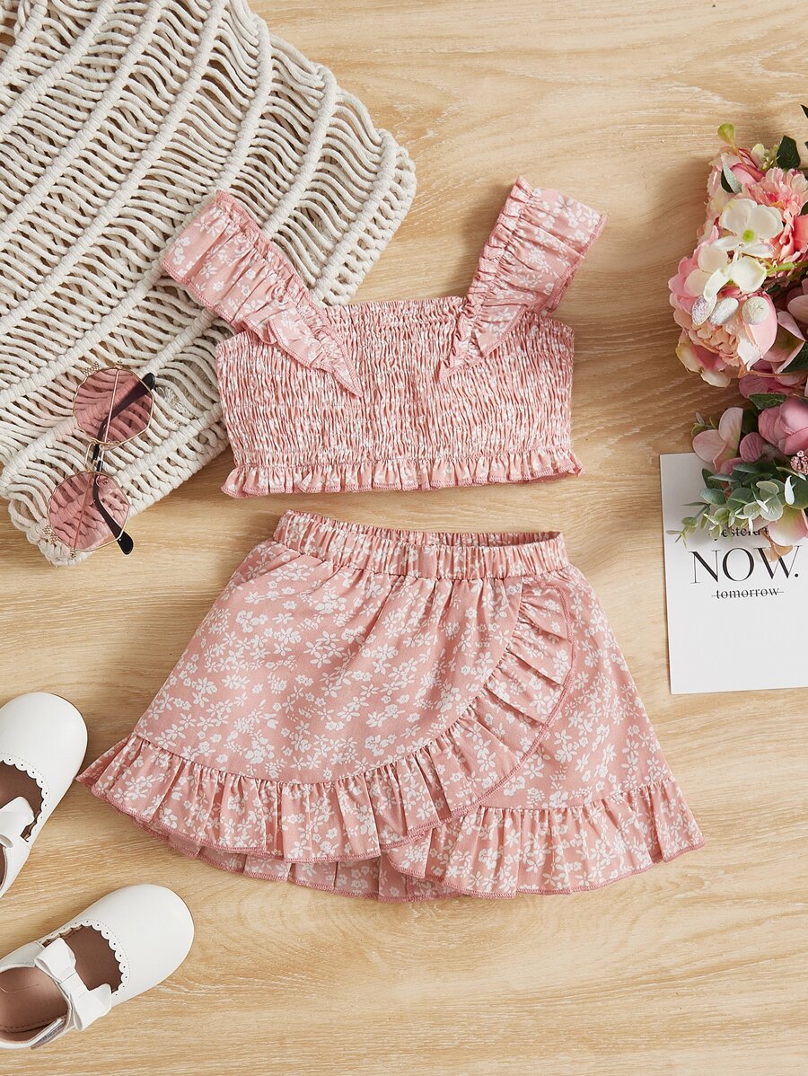 SHEIN Baby Girl Ditsy Floral Print Ruffle Trim Cami Top & Wrap Skirt - Multicolor - View 1