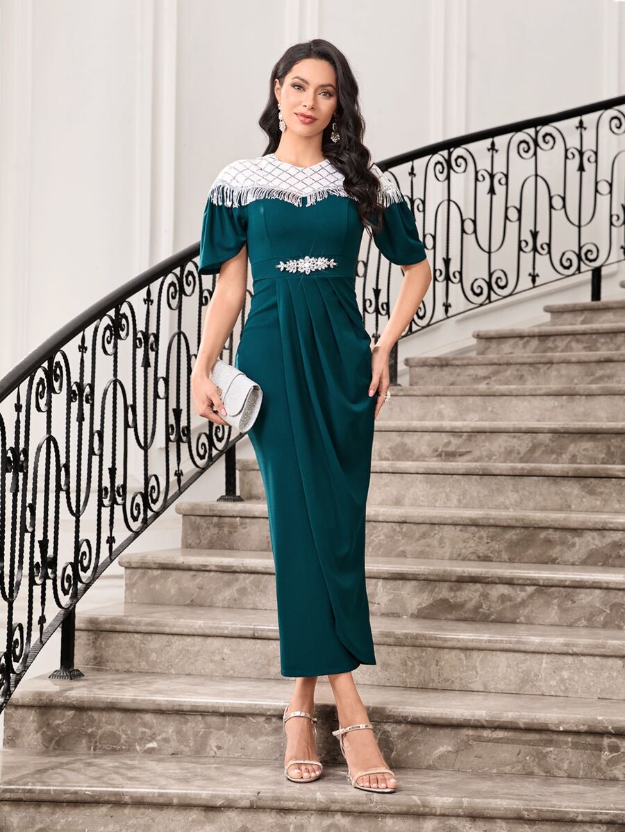 Modelyn Contrast Sequin Mesh Puff Sleeve Split Back Dress - Dark Green - View 1