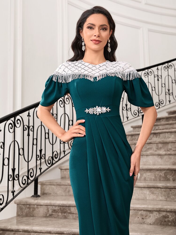 Modelyn Vestido con lentejuela en contraste de malla de manga farol con abertura trasera - Verde Oscuro - Añade 2