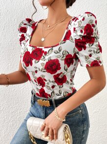SHEIN Privé Floral Print Puff Sleeve Summer Tee - Red - View 6