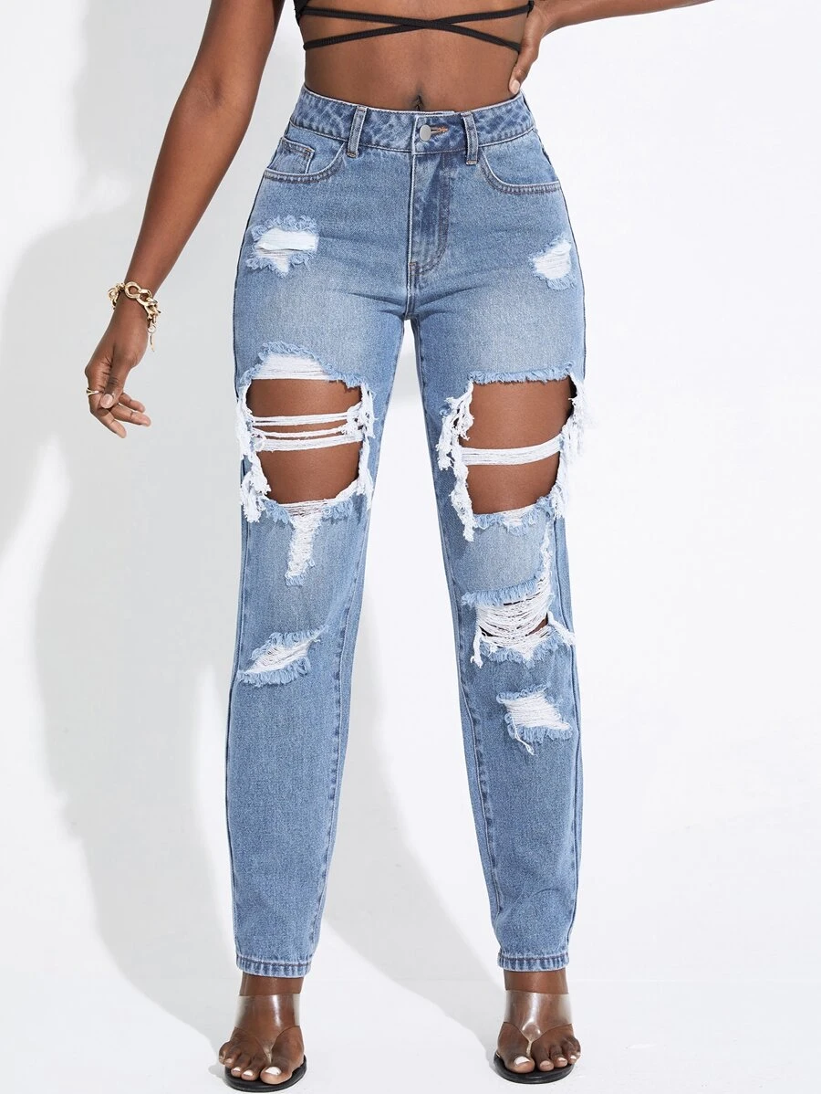 SHEIN SXY Ripped Cut Out Ripped Mom Fit Jeans - Light Wash - View 1