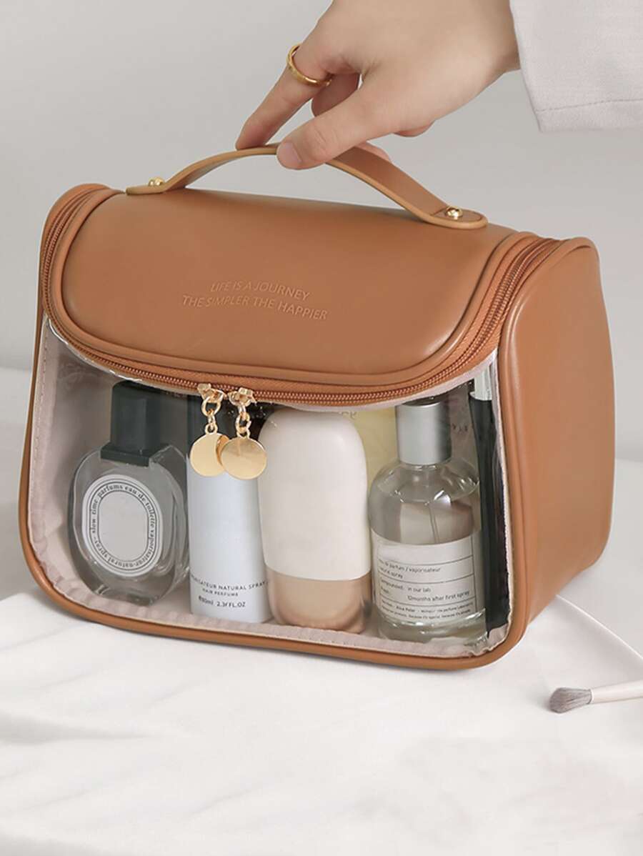 PU Clear Handheld Makeup Bag - Coffee Brown - View 1