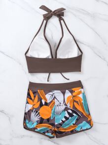 Plant Print Halter Summer Beach Bikini Set - Multicolor - View 2