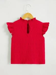 SHEIN Áo cánh Gái Nút viền lá sen Xù màu trơn Dễ thương - Đỏ - Xem 4
