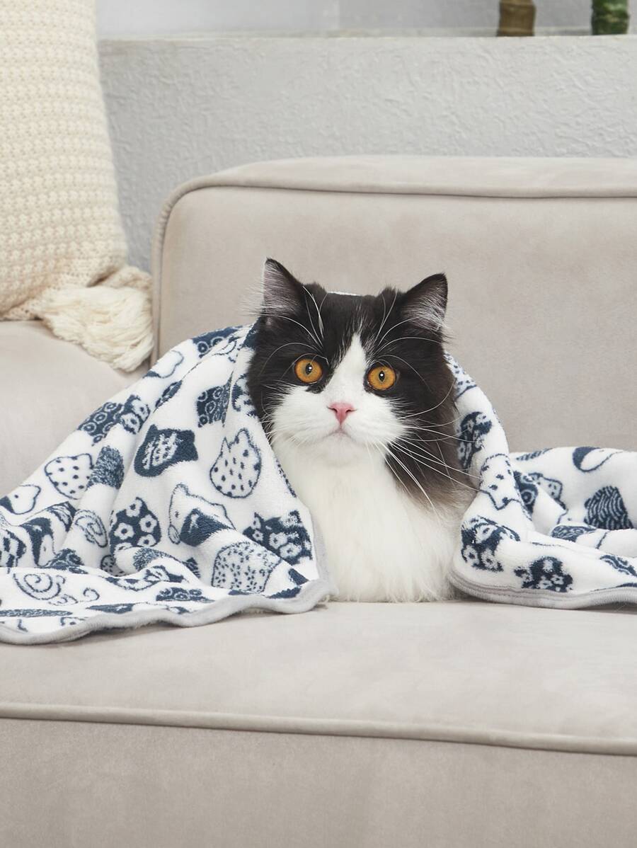 PETSIN 1 件装卡通提花宠物毯 小狗饲养狗床猫床 易于清洗 - 藍白色 - 查看 1