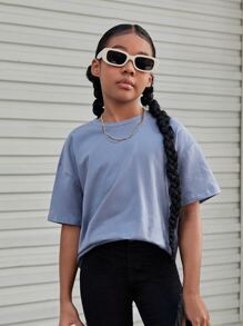 SHEIN Girls Reflective Slogan Graphic Drop Shoulder Tee - Dusty Blue - View 2