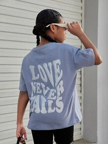 SHEIN Girls Reflective Slogan Graphic Drop Shoulder Tee - Dusty Blue - View 6