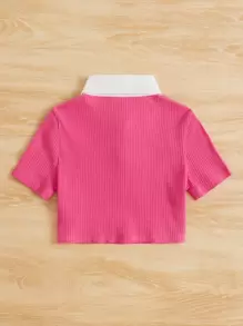 SHEIN 女孩拼接領半排扣條紋針織T恤 - 粉色 - 查看 2