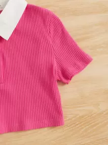 SHEIN 女孩拼接領半排扣條紋針織T恤 - 粉色 - 查看 4