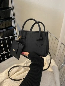 鱷魚壓紋方包黑色優雅帶零錢包 - 黑色 - 查看 7