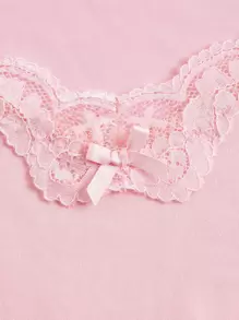 ROMWE Kawaii Camiseta con decoración de lazo de encaje de contraste, para la escuela - Rosa Pálido - Ver 4