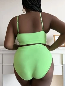 SHEIN Swim Curve 大尺碼拼色高腰比基尼套裝夏季海灘 - 青檸色 - 查看 2