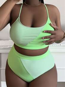 SHEIN Swim Curve 大尺碼拼色高腰比基尼套裝夏季海灘 - 青檸色 - 查看 5