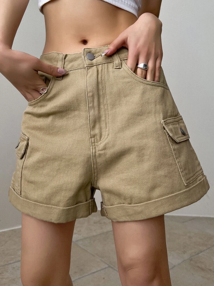 Ladies' Solid Color Cargo Denim Shorts